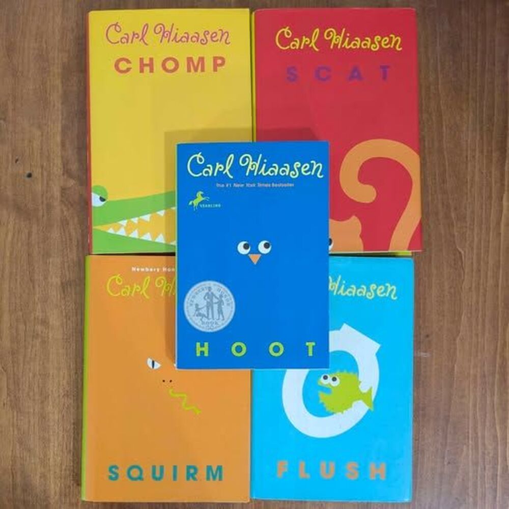 5 Carl Hiaasen Books - Hoot, Chomp, Scat, Flush, & Squirm